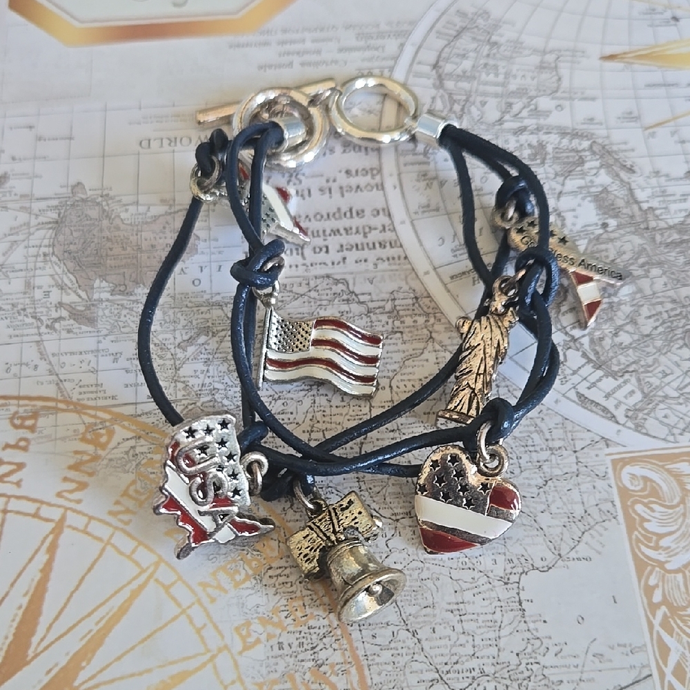 Patriotic Charm Bracelet with Flag & Liberty Charms - Navy Cord